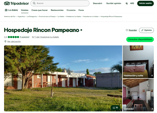 Captura de TripAdvisor mostrando a Rincón Pampeano como N.º 1 en La Adela